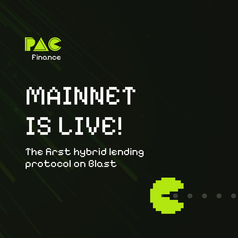 1/ Pac Finance is live on mainnet 🟢 A Big Bang winner, Pac Finance is the first hybrid lending protocol on @Blast_L2, featuring self-repaying loans, one-click leverage, and more. We are airdropping 100% of our developer points & more to our early adopters! More below 👇