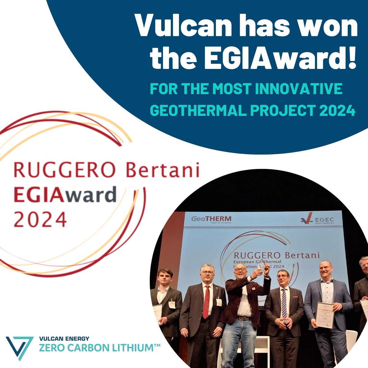 We are delighted to announce that we have won the 'Ruggero Bertani European Geothermal Innovation Award 2024' today for the most innovative geothermal project 2024! $VUL:AX #Delivering #ExecutionReady #ZEROCARBON #LITHIUM™ #Project #Energytransition #Mobilitytransition…