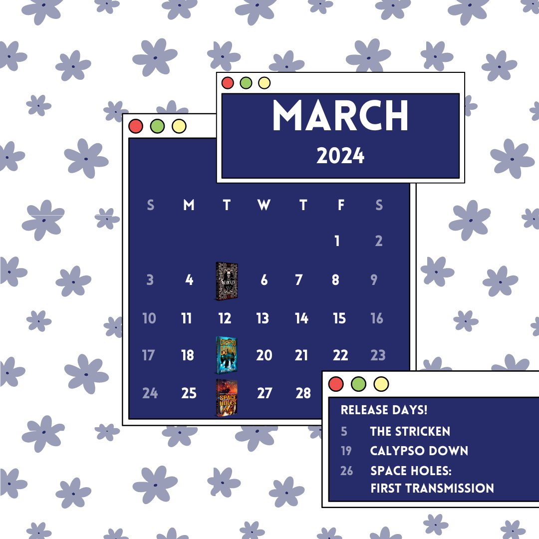 Happy almost March! This month, we're releasing a dark YA fantasy, a deep-sea suspense, and a hilarious sci-fi adventure! 

📚March 5th: The Stricken by Morgan Shamy
📚March 19th: Calypso Down by James Lindholm
📚March 26th: Space Holes: First Transmission by B. R. Louis