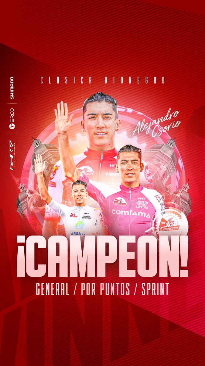 ¡GRACIAS! 🫶❤️🔥🚴🏽‍♂️ 🏆 Somos campeones Élite de la Clásica de Rionegro El Pony 🐴 Alejandro Osorio también se quedó con el título por puntos y los sprints especiales. ¡Somos #GWErcoSHIMANO! @gw_bicycles @ErcoEnergia @ShimanoROAD