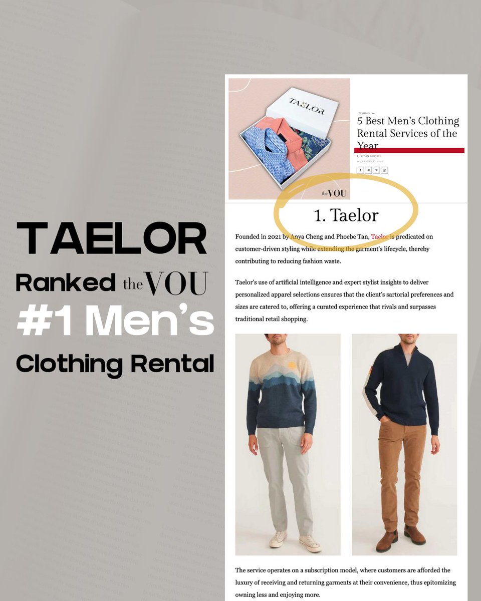 🌟 Big shoutout to The Vou magazine for naming Taelor the #1 Men's Clothing Rental Service of the Year!
🏆 Ranked in the top 5 overall for 2023, Taelor is THE go-to choice for 2024!
#Taelor #Subscription #Subscriptionbox
#ClothingRentals #menstyler
#casualmenstyle #menstyles