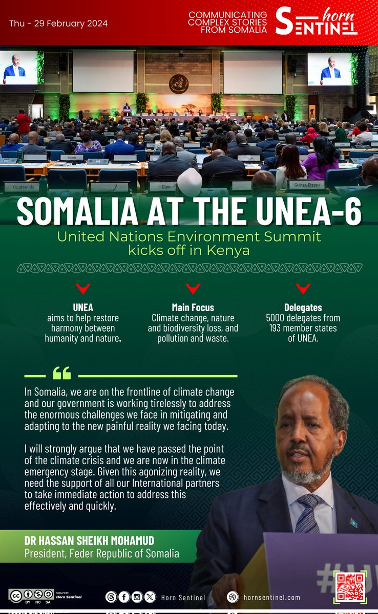 President Dr @HassanSMohamud addressed over 5000 delegates from 193 member states of @UNEP following the kick-off of the #UNEA6 summit in #Kenya. The President reiterated #Somalia's commitment to tackling the climate crisis through multilateralism.