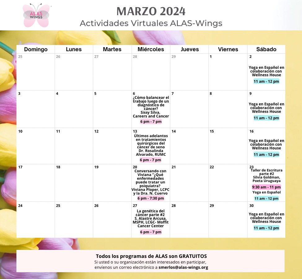 Programas de ALAS para MARZO, 2024

Regístrese aquí: forms.gle/bNzWudWUKnxfPp…

Si desea más información acerca de nuestros programas, por favor envíe email @ smerlos@alas-wings.org