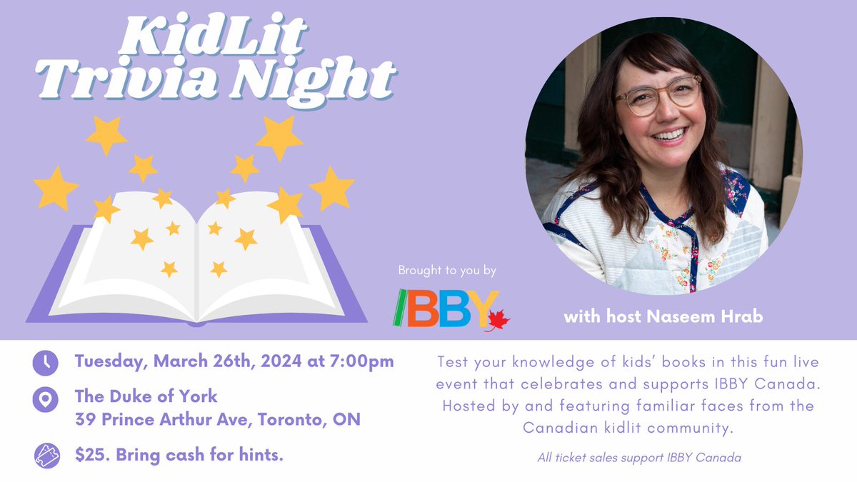 Join us for KidLit Trivia Night! Test your knowledge of kids’ books in this fun event that celebrates the work IBBY Canada does in bringing books and children together. To buy tickets, click on the link below: canadahelps.org/en/charities/i…