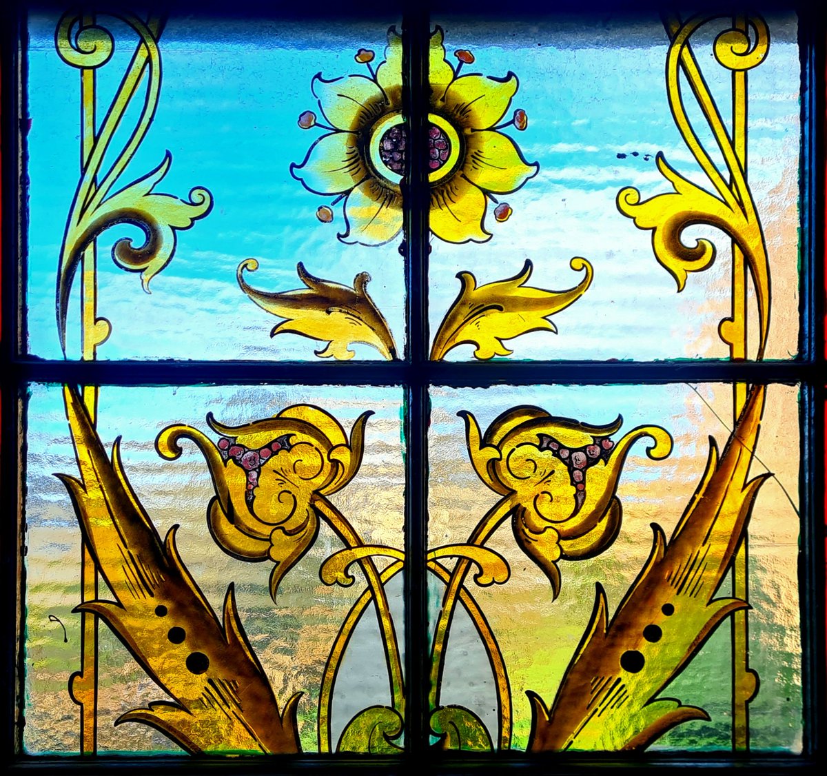 I came across this rather amazing painted glass in a tenement close in the Thornwood area of  Glasgow today. It was made all the more beautiful by the blue sky in the background.

#glasgow #architecture #paintedglass #stainedglass #decorativeglass #glasgowtenement #thornwood