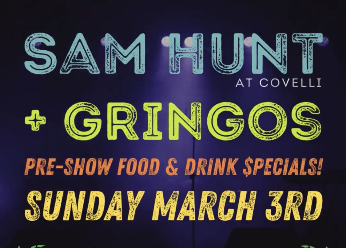 YoungstownVibe's tweet photo. 🌟Sam Hunt at Covelli 🌟
Sunday 3/3/24 at 7:30pm 

Pre-show food and drink specials at Gringos bar downtown 1-9pm 🤠 https://t.co/vIUcIpngsP