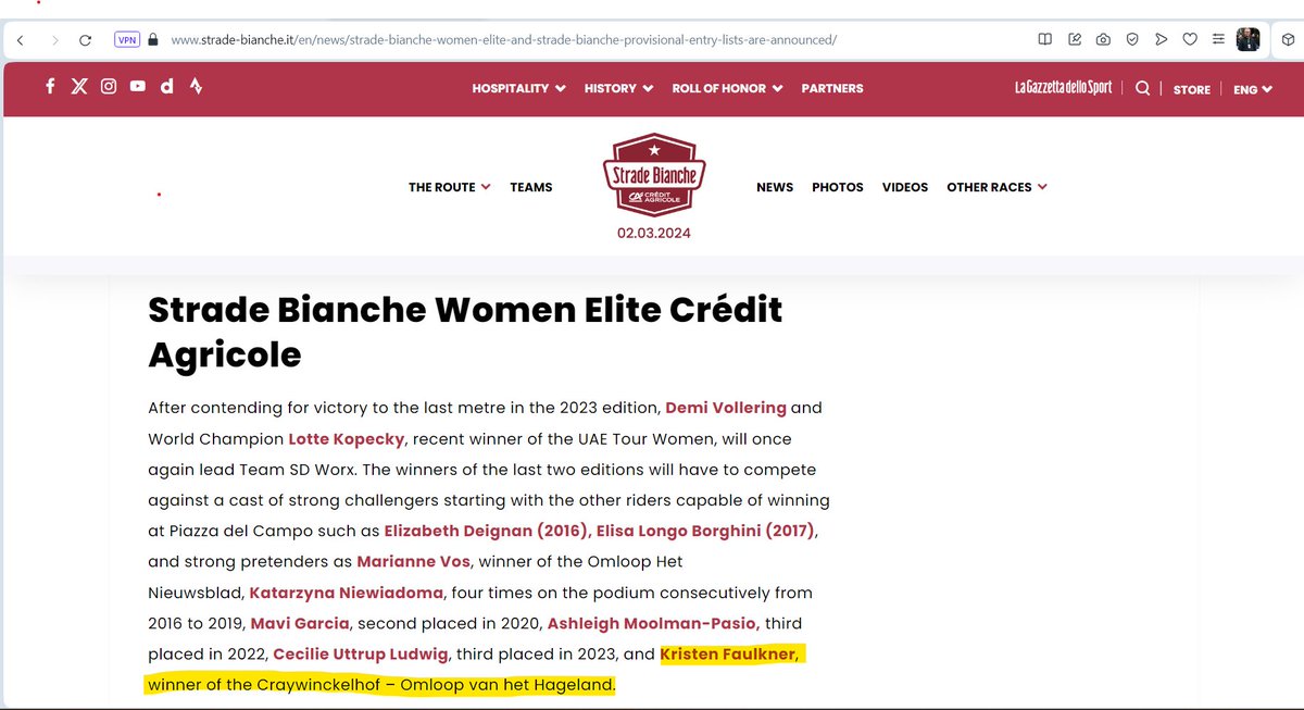 Even the organization of Strade Bianchi, knows how to recognize us, with Kristen Faulkner's most recent victory. See attached article + website.
Hereby we wish them good luck Saturday.
<a href="/StradeBianche/">Strade Bianche</a> <a href="/women_cpa/">CPA Women</a> <a href="/FaulknerKristen/">Kristen Faulkner</a>