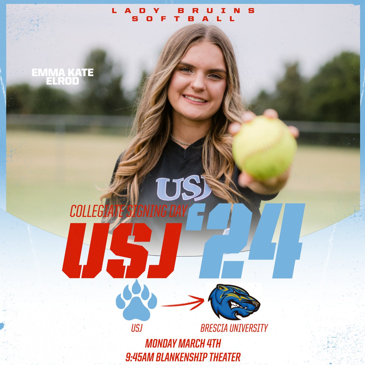 Join us Monday, March 4th at 9:45 AM in Blankenship Theater as USJ Lady Bruin Softball senior Emma Kate Elrod signs her collegiate letter of intent to continue her softball career at the Brescia University

Congratulations Emma Kate!