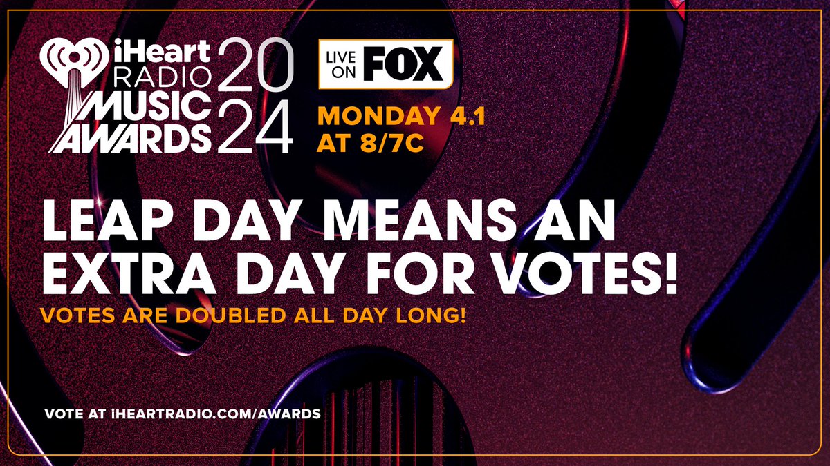 EXTRA DAY = EXTRA VOTES! 🚨 #iHeartAwards votes are doubled all day long!! 👏🎉 VOTE NOW ➡️ ihe.art/WCGLyE1