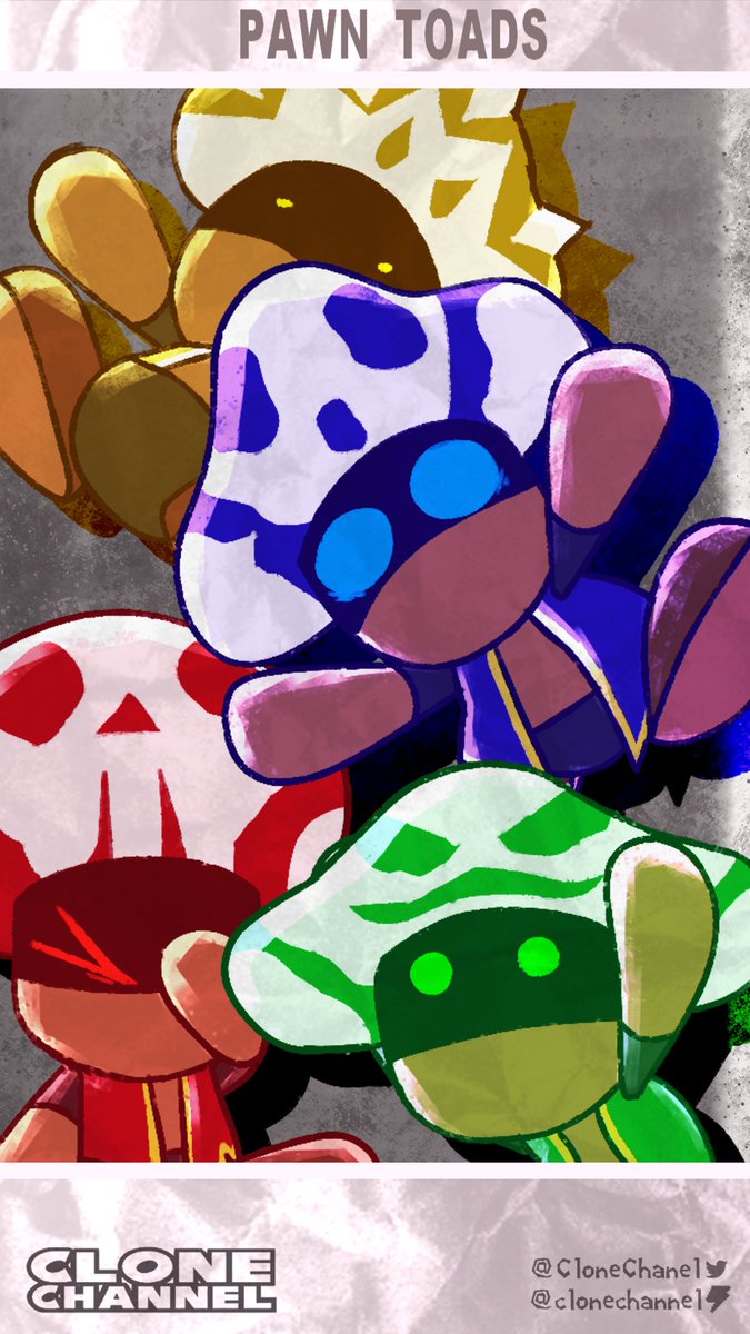 Clone Channel art for March 2024, featuring Pawn Toads!
(remember to check the pinned tweet for the drive link for the full res and transparent versions!)
#marioart #fnas #fnasart