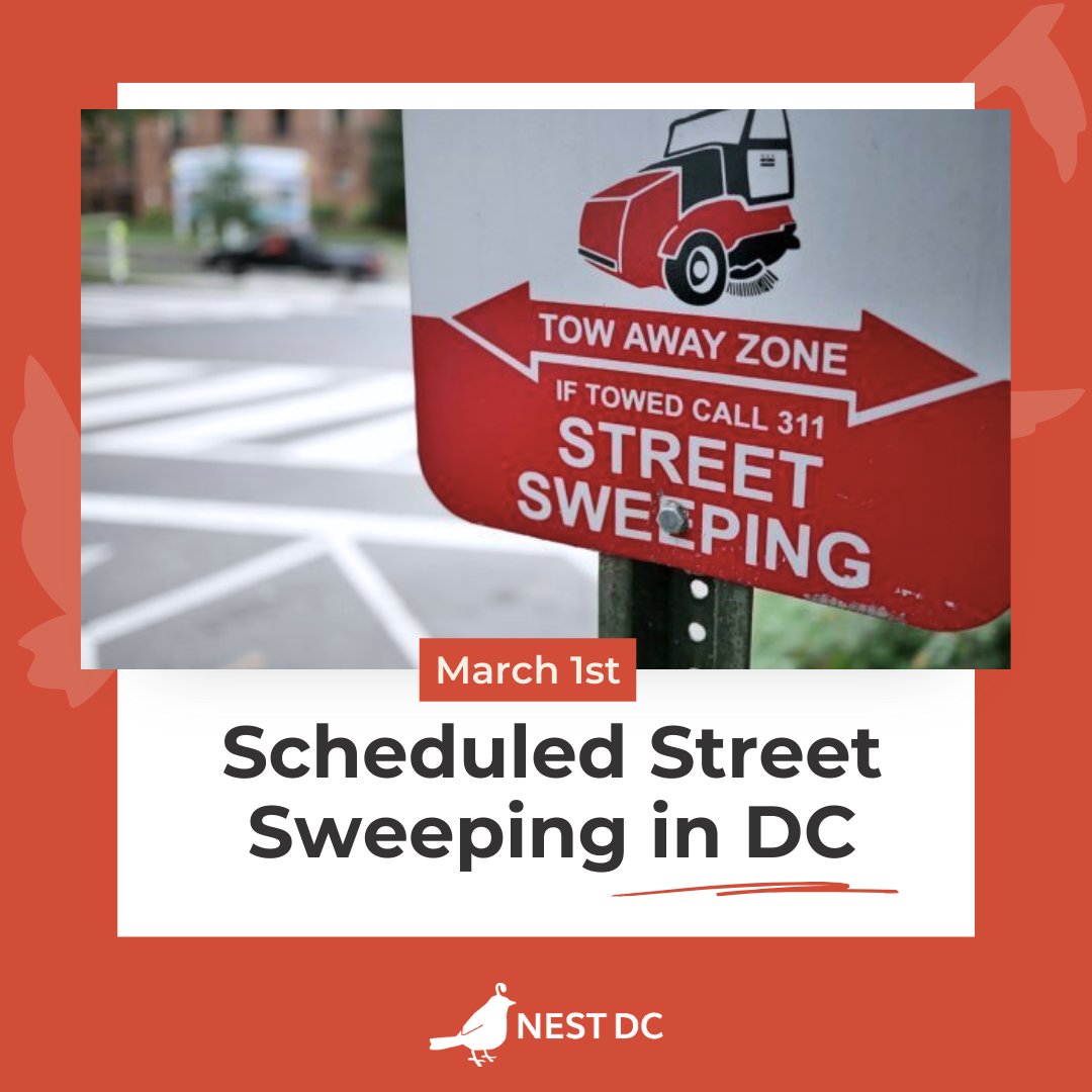 Heads up, neighbors! Street cleaning season begins tomorrow, March 1st! Remember to move your cars by the posted signs to avoid a fine. 

This program keeps our streets clean and helps pedestrians safely navigate our neighborhood.
.
.
#CleanStreets #SafeNeighborhood #NestDC