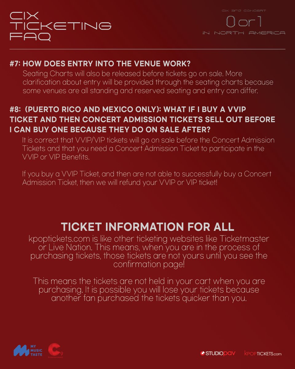 #FIX – please read our ticketing FAQ for ♦️ CIX 3rd CONCERT <0 or 1> IN NORTH AMERICA ♦️

⚠️ Please note that the Benefit Packages DO NOT include concert admission for Puerto Rico and Mexico 🇵🇷🇲🇽

Sales will start March 5, 2PM Venue's Local Time. Take note of the following sales