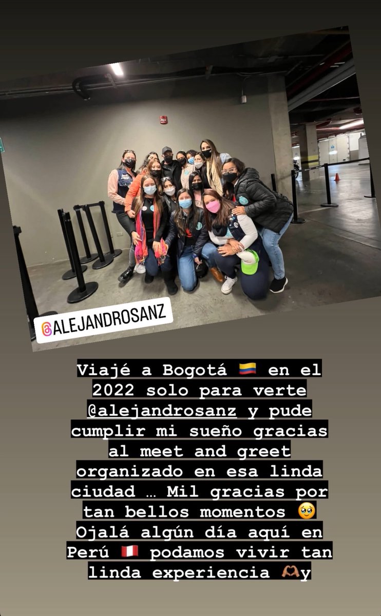 Viajé a Bogotá 🇨🇴 en el 2022 solo para verte <a href="/AlejandroSanz/">Alejandro Sanz</a> y pude cumplir mi sueño gracias al meet and greet organizado en tan linda ciudad 🫶🏽 … Mil gracias por tan bellos momentos 🥹 … Ojalá un día podamos vivir tan bella experiencia en mi amado Perú 🇵🇪