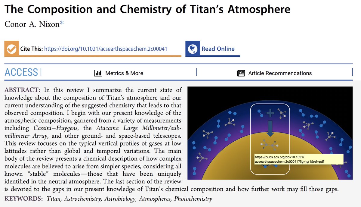 For all you Titan-philes out there: my review paper on Titan atmospheric chemistry is now available on-line at @ACSEarthSpace (open access): pubs.acs.org/doi/10.1021/ac…