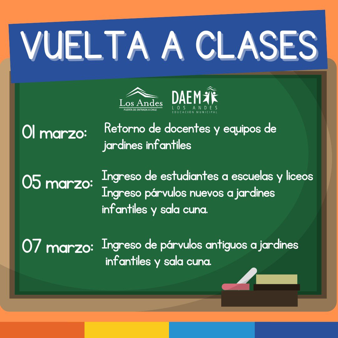 DAEMLosAndes's tweet photo. ¡Nos preparamos para la vuelta a clases! Aquí tienes las fechas importantes para programar el retorno a jardines infantiles, escuelas y liceos del sistema de educación municipal de Los Andes. ¡Es momento de volver a ver a profesores y compañeros y retomar el ritmo escolar!✏️📚 https://t.co/3RrAae6Iej