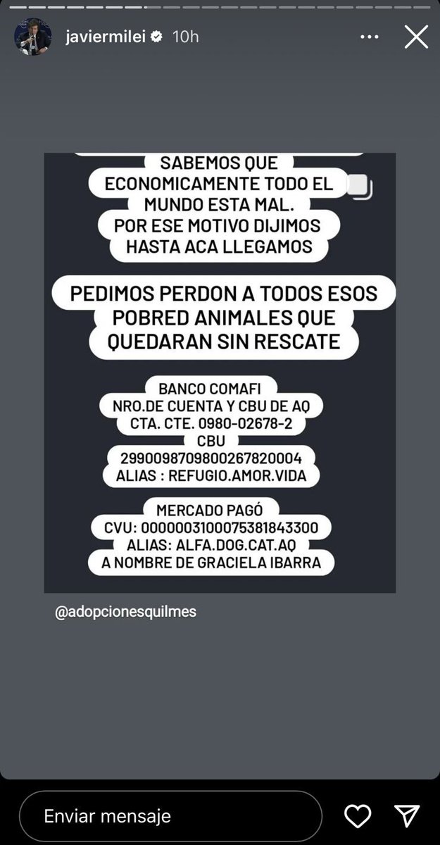 somoscorta's tweet photo. Javier Milei compartió en Instagram la publicación de una red de rescate de perros y gatos de Quilmes que anunció que cierra sus puertas por la situación económica y una deuda de $1.500.000.

https://t.co/Mg8GNMN23n