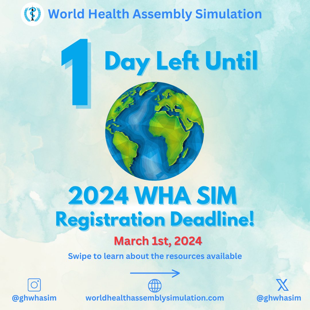 GHWHASIM's tweet photo. 1 more day left until the 2024 World Health Assembly Simulation registration  deadline‼️ You can scan the QR code or click the link in our bio to purchase your ticket 🎟️

#YorkUniversity #WHASIM2024 #GlobalHealth https://t.co/rIc1G63SAB