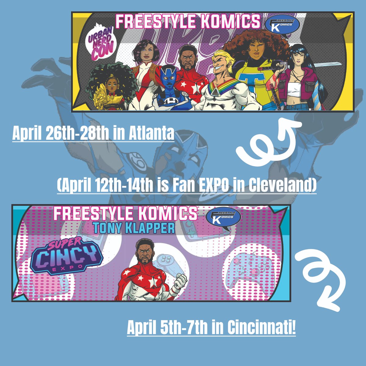 Check out these upcoming events in April! Tony Klapper in Cincinnati 5th-7th FSK in Cleveland 12th-14th FSK in Atlanta 26th-28th #comic #igcomics #comicon #comiccollector #comicsforsale #comicbookartist #comico #comicbooknerd #comicnerd #fyp #cons #comiccons