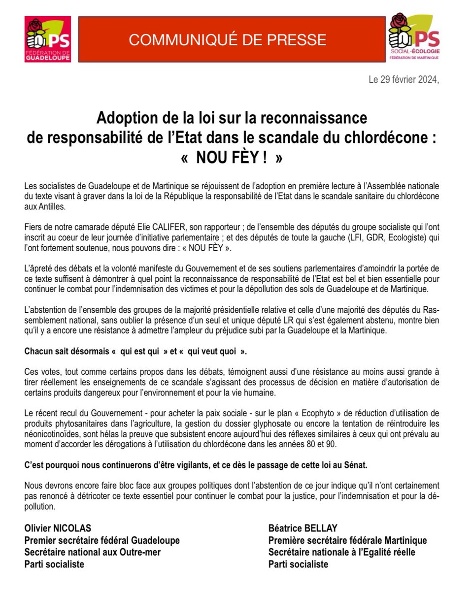 Olivier Nicolas 🌹 (@olnic1974) on Twitter photo Reconnaissance de la responsabilité de l’Etat dans le scandale du #Chlordécone : « Nou fèy ! ». ✅
Inscrit dans la niche parlementaire des <a href="/socialistesAN/">Députés Socialistes et apparentés</a>, le texte porté par notre camarade député <a href="/ElieCalifer/">Elie Califer</a> a été adopté en 1e lecture après de longs débats.
Notre communiqué ⤵️ Reconnaissance de la responsabilité de l’Etat dans le scandale du #Chlordécone : « Nou fèy ! ». ✅
Inscrit dans la niche parlementaire des <a href="/socialistesAN/">Députés Socialistes et apparentés</a>, le texte porté par notre camarade député <a href="/ElieCalifer/">Elie Califer</a> a été adopté en 1e lecture après de longs débats.
Notre communiqué ⤵️