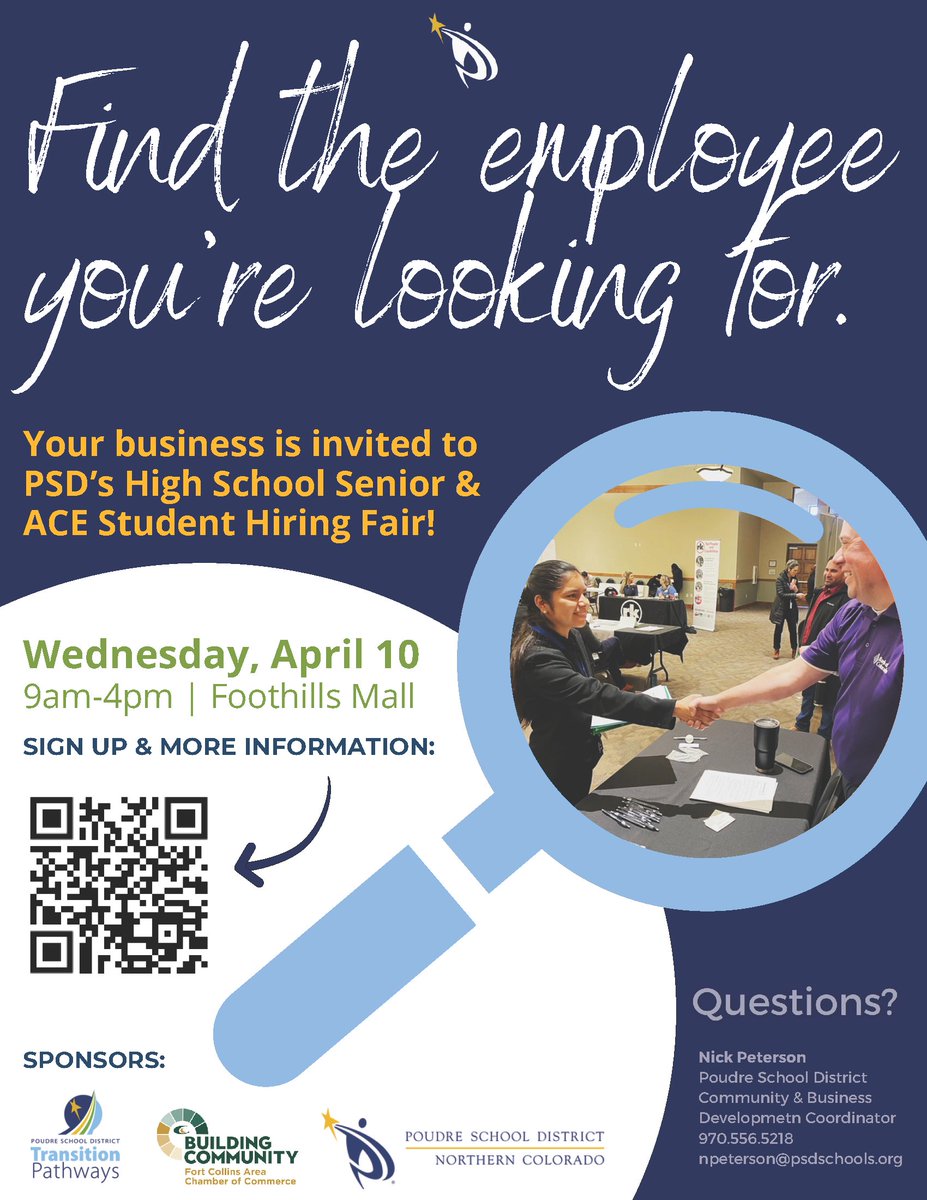 NoCo Inspire (@nocoinspire) on Twitter photo NoCo businesses are cordially invited to attend <a href="/PoudreSchools/">Poudre School District</a> 2nd annual Senior & ACE Student Hiring Fair on April 10 from 9am-4pm.
Free event! Hire graduating seniors!
Sign up using the form linked below by March 31 at the latest.
docs.google.com/forms/d/e/1FAI… NoCo businesses are cordially invited to attend <a href="/PoudreSchools/">Poudre School District</a> 2nd annual Senior & ACE Student Hiring Fair on April 10 from 9am-4pm.
Free event! Hire graduating seniors!
Sign up using the form linked below by March 31 at the latest.
docs.google.com/forms/d/e/1FAI…