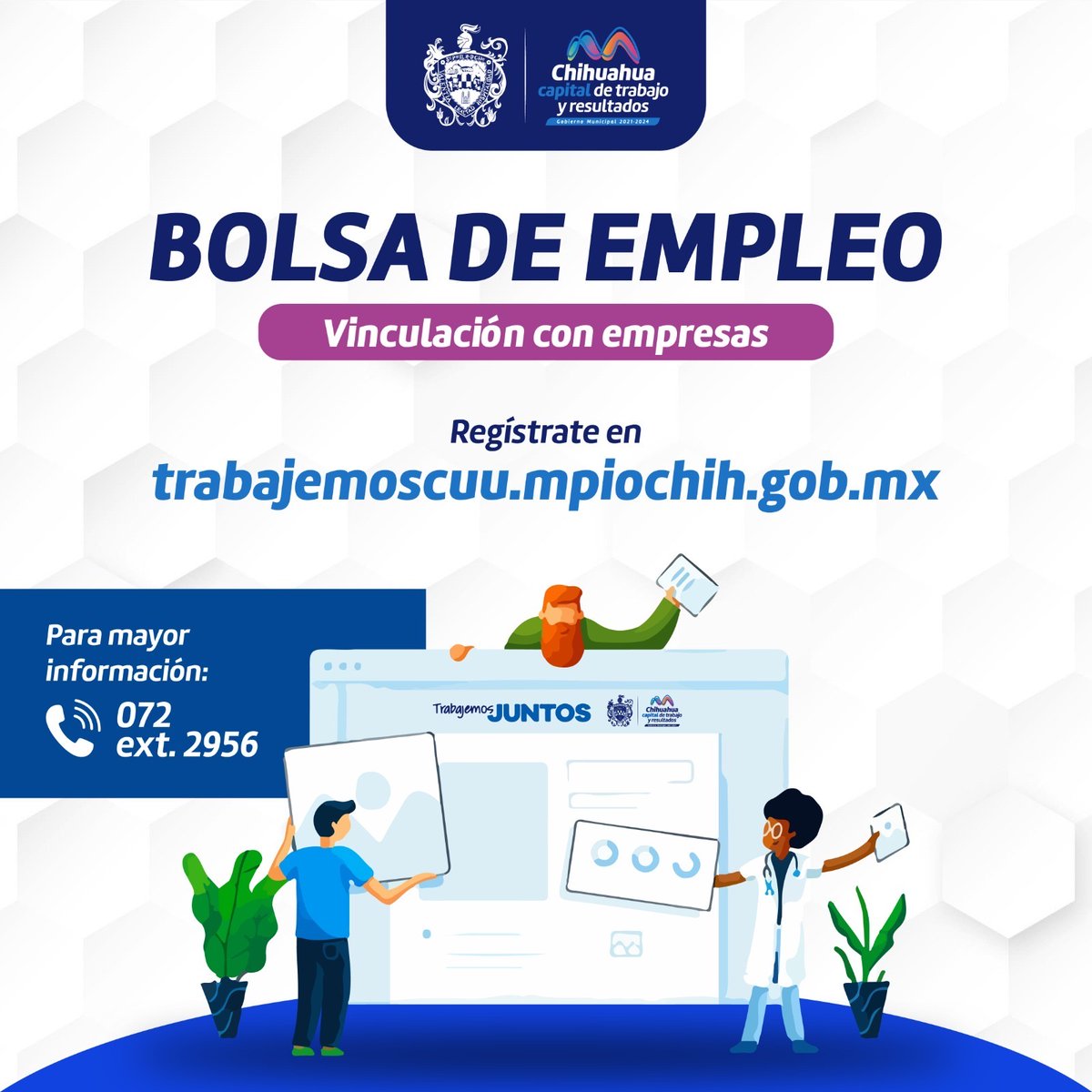 🤝💼 ¡Tu próximo empleo está a un clic de distancia! La Bolsa de Empleo Municipal te conecta con empresas que buscan tu talento. Regístrate ahora en trabajemoscuu.mpiochih.gob.mx y empieza tu búsqueda laboral. ✅ #TrabajoyResultados
