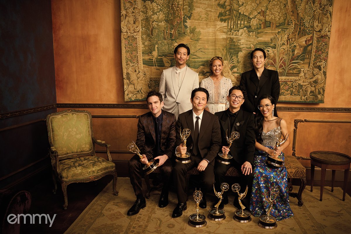 Cast and creative team of BEEF: (standing from left) Joseph Lee, Maria Bello, Young Mazino; (seated) Jake Schreier, Steven Yeun, Lee Sung Jin, and Ali Wong.

