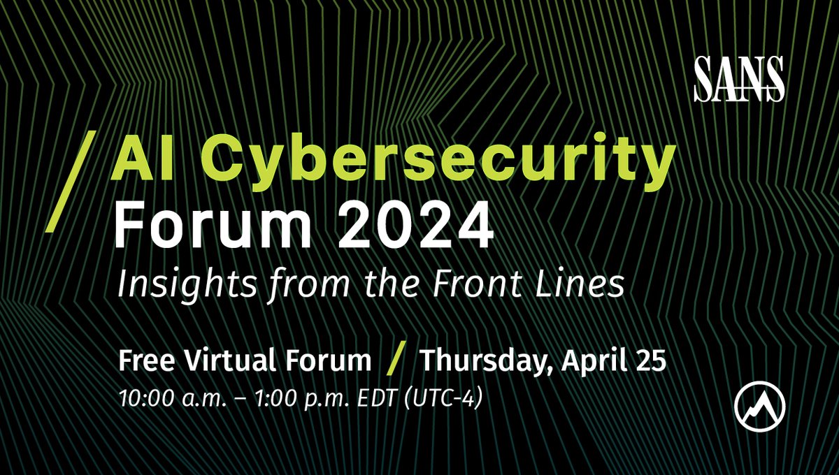 Explore valuable #AI insights, strategies, and practical solutions by attending our SANS AI #Cybersecurity Forum on Thursday, April 25, hosted by @robtlee. Learn More & Register for Free: sans.org/u/1uVn #ArtificialIntelligence #SANSAiForum