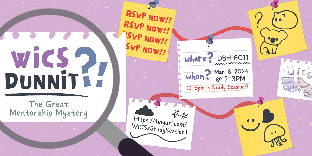 Someone stole the key to the WICS office! 👀 Join us as we try to solve clues and riddles to find out who did it! Get ready to piece the mystery altogether during WICS study session. This is open to everyone, even if you are not part of mentorship!
RSVP: tinyurl.com/WICSxStudySess…