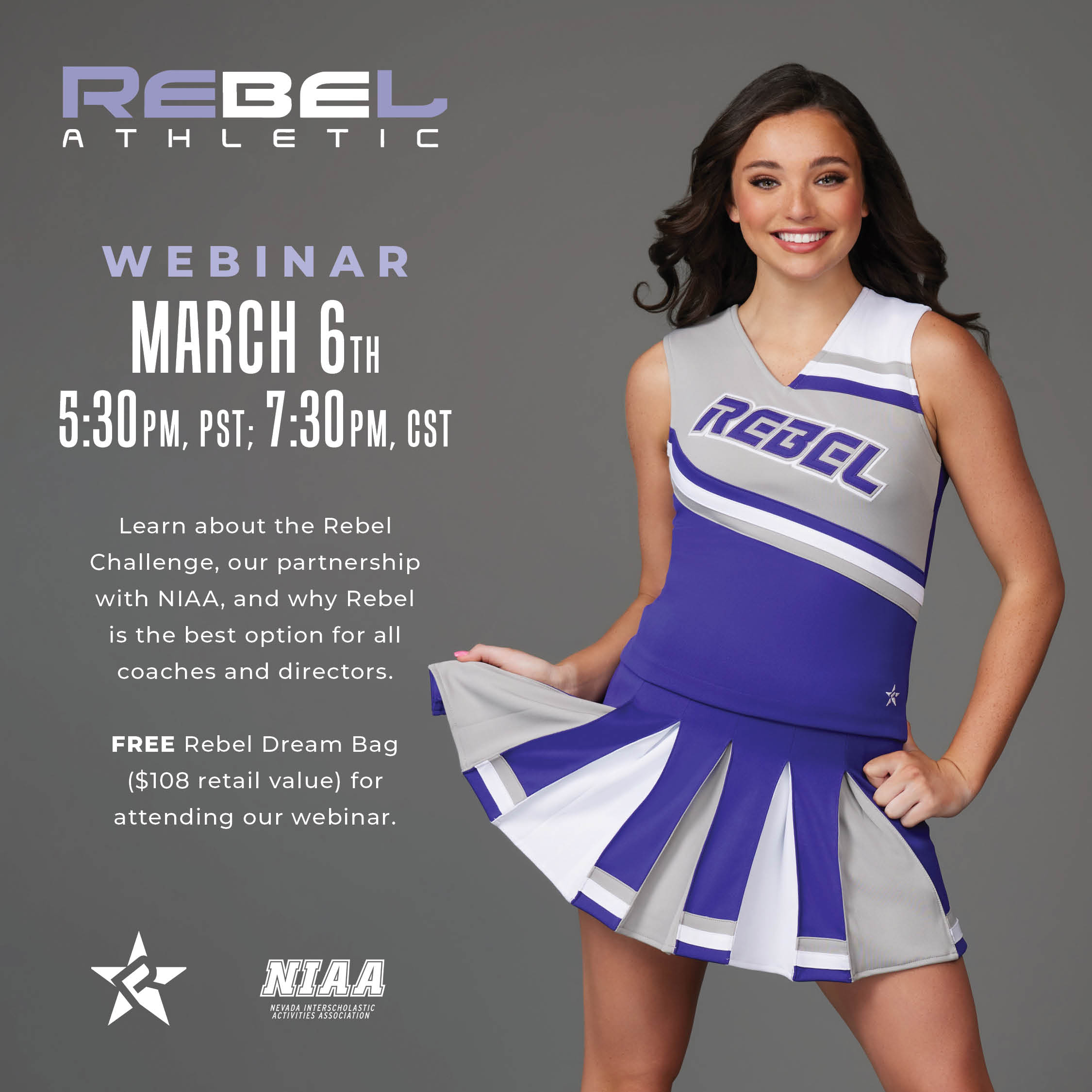 Nevada Interscholastic Activities Association on X: Please join our  partner Rebel Athletic for an informative webinar to learn about all things Rebel  Athletic! Attendees will receive a FREE Rebel Dream Bag (exclusions