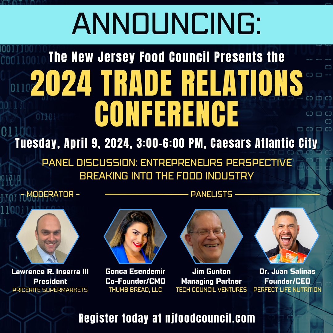 NJ_EatsAtHome's tweet image. Panel Discussion: Entrepreneur's Perspective - Breaking into the Food Industry. Moderated by Lawrence Inserra III, PriceRite Supermarkets, panelists include @GoncaEsendemir, @thumbbread; Jim Gunton, @techcouncilven; and Dr. Juan Salinas, @PnuffCrunch. #foodindustry #Entrepreneur