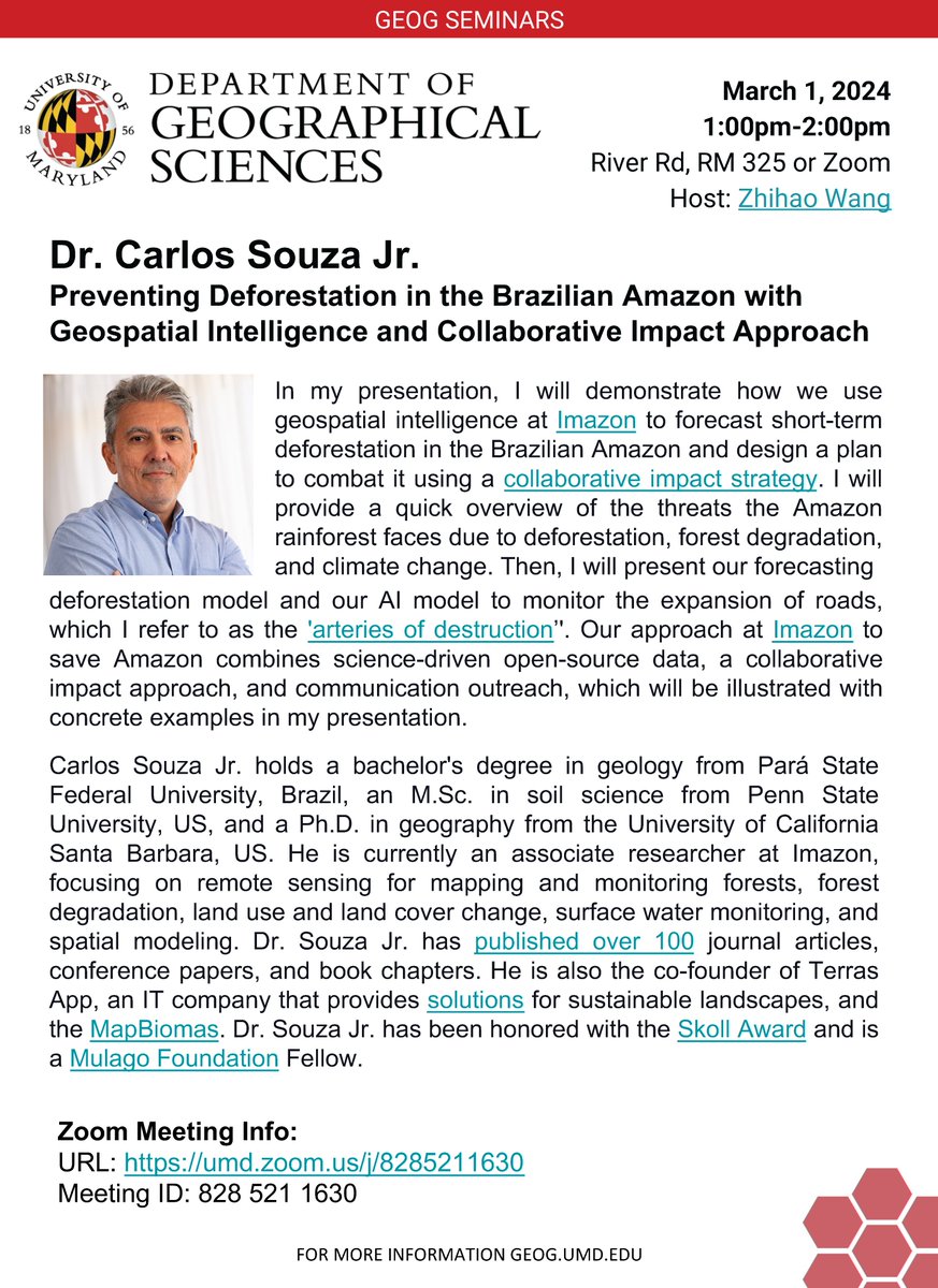 📢 Tomorrow, March 1 at 1 p.m. EST via Zoom: Learn how Brazil's <a href="/Imazon/">Imazon</a> uses geospatial intelligence to prevent deforestation in the Amazon, w/ @CMSouzaJr 
 
Details here ⤵️ go.umd.edu/preventing-Ama…