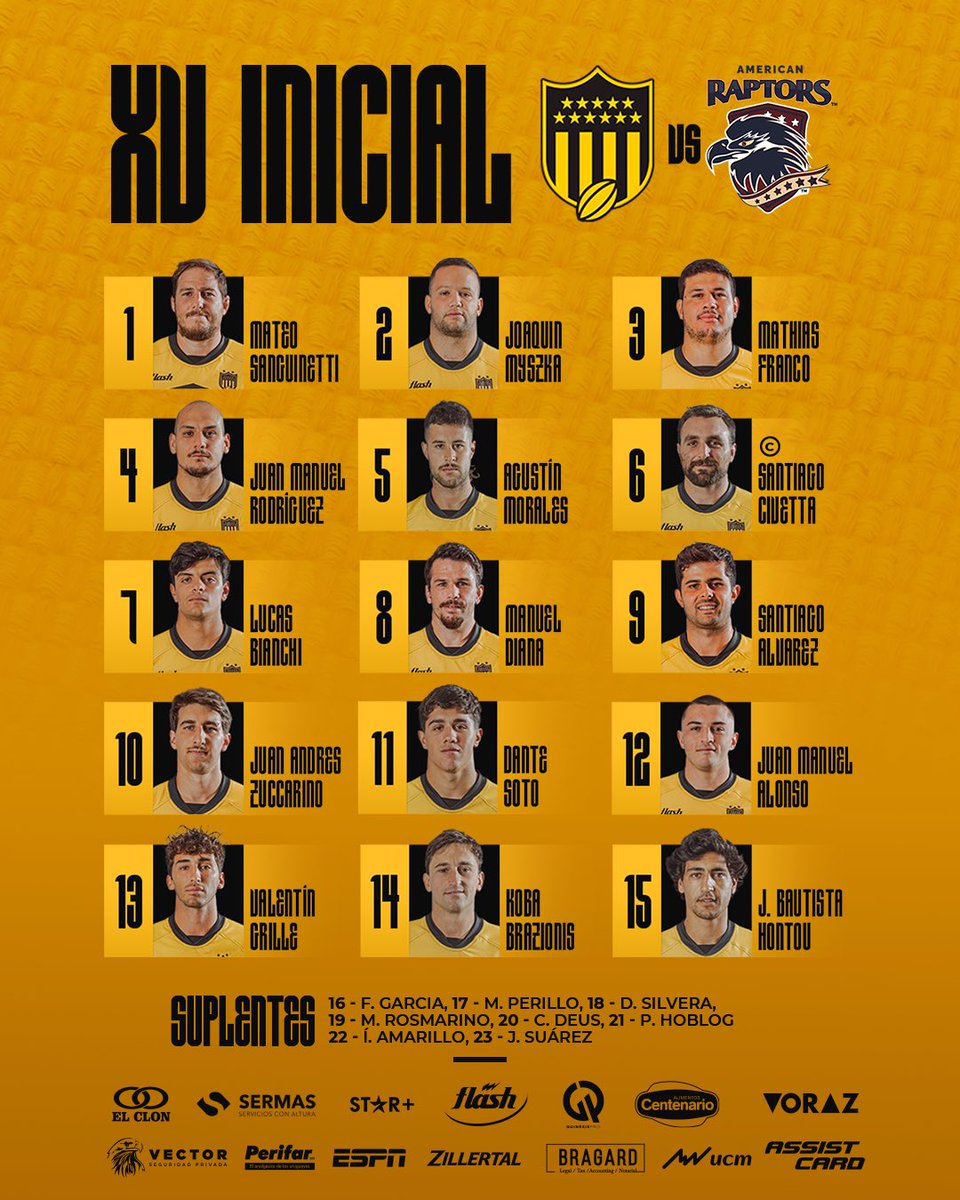 CAP__Rugby's tweet photo. 👥 𝗘𝗤𝗨𝗜𝗣𝗢 𝗖𝗢𝗡𝗙𝗜𝗥𝗠𝗔𝗗𝗢 

Está será la formación de Peñarol Rugby para enfrentar este viernes a los @AmericanRaptors por la Fecha 3 del @SuperRugbyAM. 

#EstoEsPeñarol #BicampeonesDeAmerica https://t.co/jZ2pDprcbe
