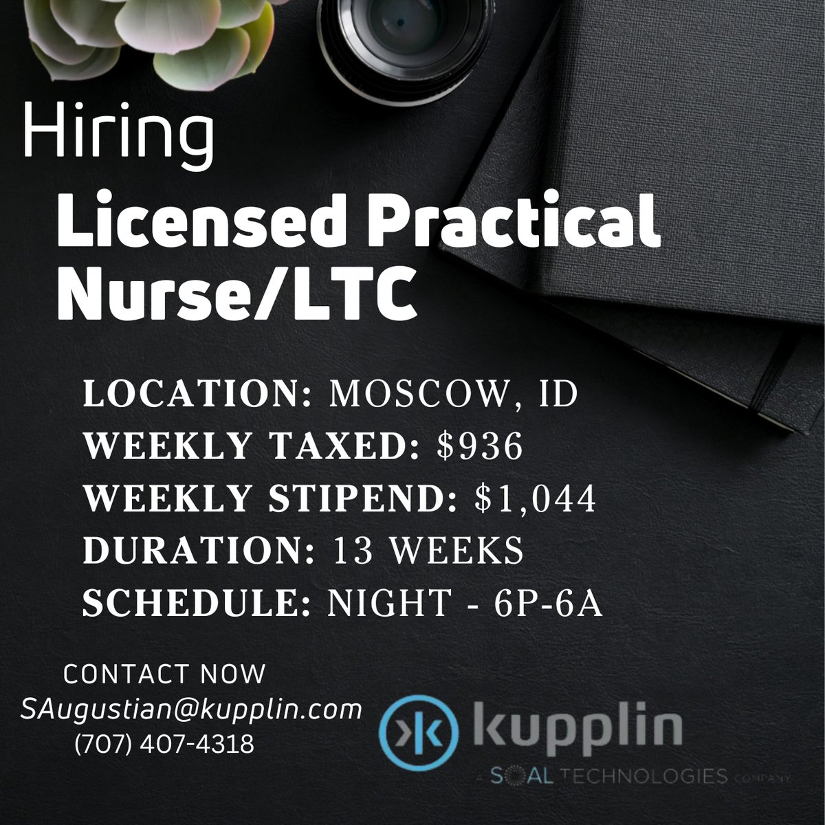 Embark on a rewarding journey as a Night Shift LTC LPN in beautiful Moscow, ID. Immediate start, competitive pay, and invaluable experience await.
Apply today 
SAugustian@kupplin.com - (707) 407-4318

#LPNJobs #NightShift #HealthcareCareers #MoscowID #LongTermCare