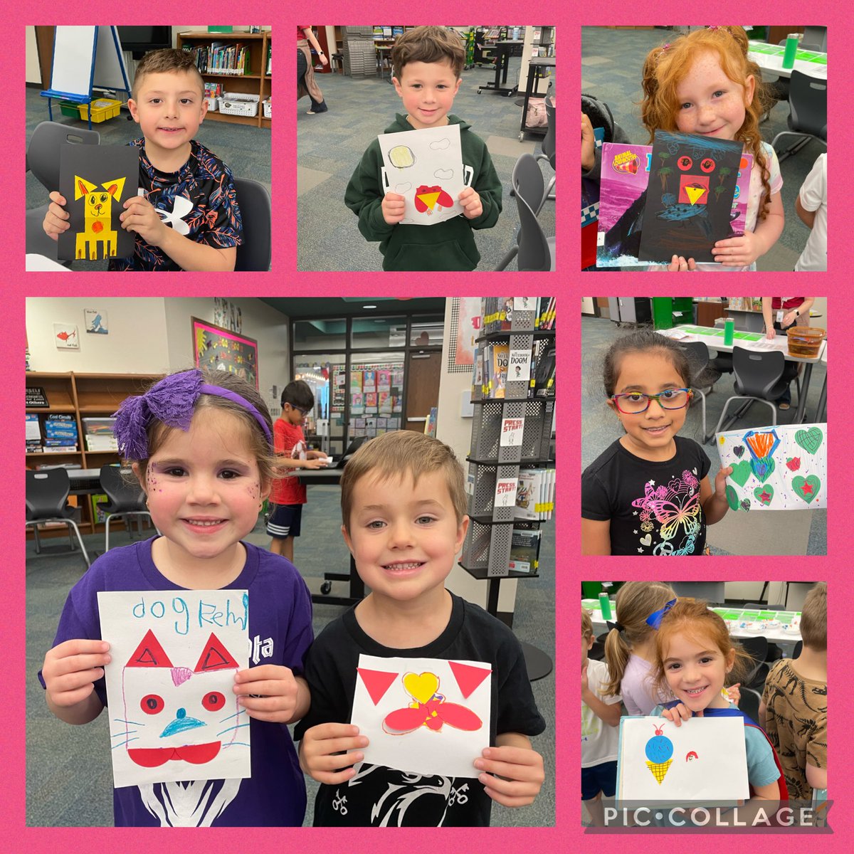 Kinder students amaze me with their creativity! They created a shape picture inspired by Lois Ehlert’s Color Zoo. Each picture unique & wonderful! They had so much fun!! ⁦@LightFarmsElem⁩ ⁦@PISD_Libraries⁩