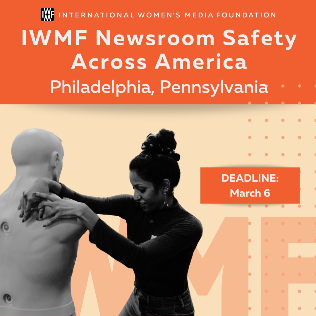 International Women's Media Foundation (@iwmf) on Twitter photo The IWMF is coming to Pennsylvania! We are partnering with <a href="/resolvephilly/">Resolve Philly</a> to host one-day safety trainings on March 25 and 26, 2024! Get ready for #Elections2024 & beyond with critical safety skills.
Deadline to respond: March 6, 2024 at 8 pm EST.
docs.google.com/.../1FAIpQLSdZ… The IWMF is coming to Pennsylvania! We are partnering with <a href="/resolvephilly/">Resolve Philly</a> to host one-day safety trainings on March 25 and 26, 2024! Get ready for #Elections2024 & beyond with critical safety skills.
Deadline to respond: March 6, 2024 at 8 pm EST.
docs.google.com/.../1FAIpQLSdZ…