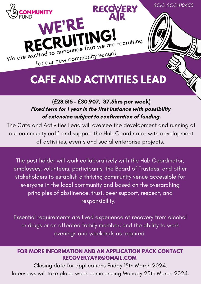RecoveryAyr (@recoveryayr) on Twitter photo We are excited to announce that we are recruiting for TWO posts for our new community venue! A
We are looking to recruit a Hub Coordinator and Cafe & Activities Lead.
We are grateful to
<a href="/TNLComFundScot/">The National Lottery Community Fund Scotland</a>
for the funding to make these posts possible.
#NationalLottery We are excited to announce that we are recruiting for TWO posts for our new community venue! A
We are looking to recruit a Hub Coordinator and Cafe & Activities Lead.
We are grateful to
<a href="/TNLComFundScot/">The National Lottery Community Fund Scotland</a>
for the funding to make these posts possible.
#NationalLottery
