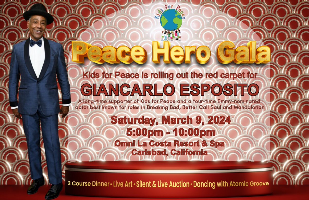 Our Peace Hero Gala is only 10 days away & we're almost sold out! Join us for this epic evening honoring Giancarlo Esposito & featuring youth presentations, live art, silent auction, great food & dancing to the amazing Atomic Groove! kidsforpeaceglobal.org/peacehero2024/