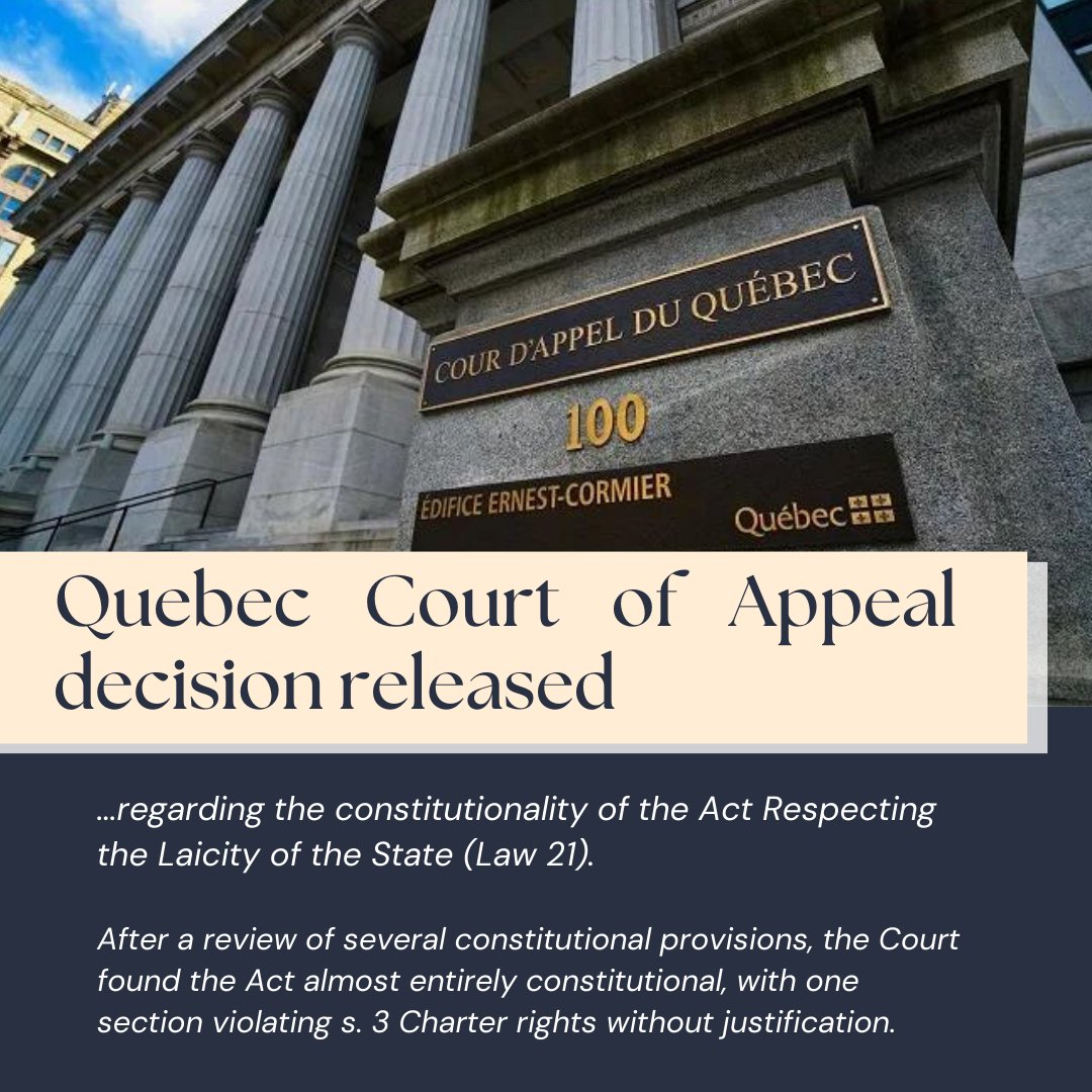 The Québec Court of Appeal - Cour d’appel du Québec has released its long-awaited decision on Law 21. Look forward to critical engagement with this decision on CCS media soon! Read the decision and summary here: bit.ly/laicity #cdnpoli #cdnlaw