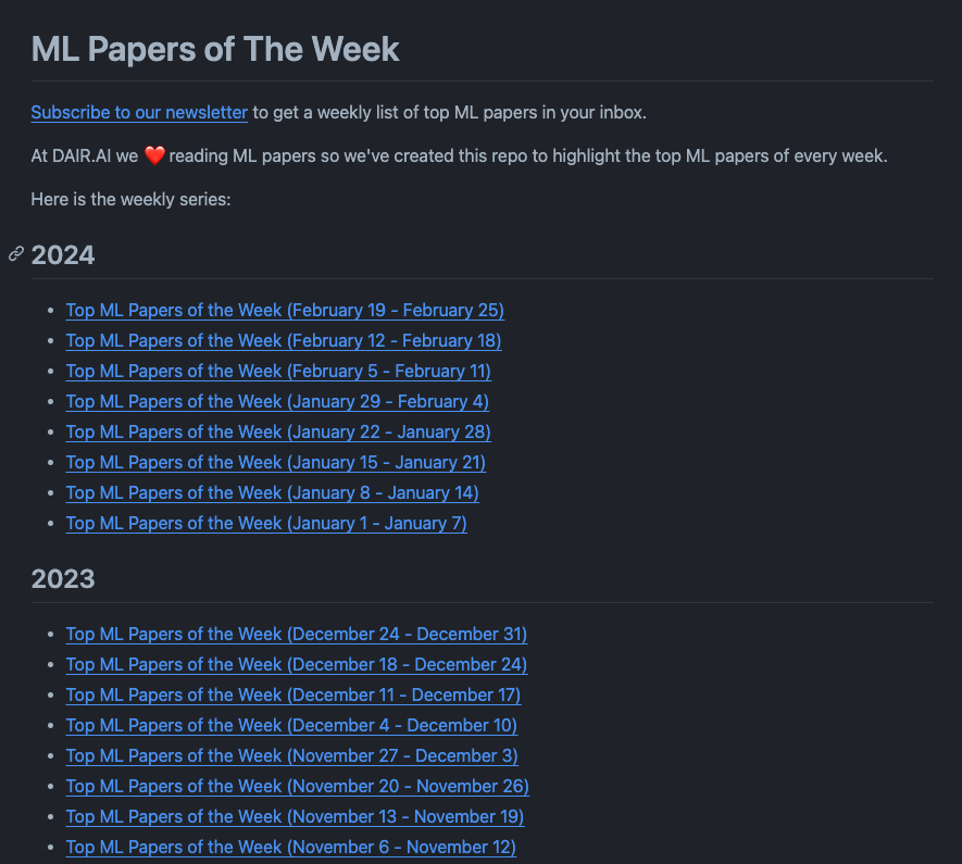 omarsar0's tweet photo. ML Papers of the Week now has a total of 40K subscribers and 7K stars! 

Started this crazy little project last year and it is truly one of my favorite weekly activities. 

Searching for new AI research papers and researching ideas on arXiv and places like X is like a full-time job. I don't get paid for it but I love doing this as a way of giving back to the community and to satisfy my arXiv addiction. 

I love sharing my favorite and most compelling AI papers every week with you all through the ML Papers of the Week mailing list and @dair_ai. By the way, @dair_ai also hit 50K followers. A lot of it has to do with this effort. But there is a lot more in store around AI research, education, and tools.

I have started to use advanced analytics and AI to automate some parts of the paper curation process. As a side project, I've been building a research assistant that builds on this whole process. I use it every day but it's not ready for launch yet.

I have started to also write short posts about these findings every Friday here on X before the newsletter issues go out on Sundays. I am hearing a lot of people like those too. 

I will continue working on and improving these summaries. It's not getting any easier as arXiv's volume of LLM/AI papers keeps growing fast. 

I am experimenting with new ways to document findings such as the Research Findings and Papers section in the prompting guide. Those are also taking off! 

Wanted to share all of this not to brag but to share more about what is happening behind the scenes and in public with all our efforts on democratizing AI research and education. 

Thank you for all the support. This would've never happened without your relentless curiosity.

Find relevant links below ↓