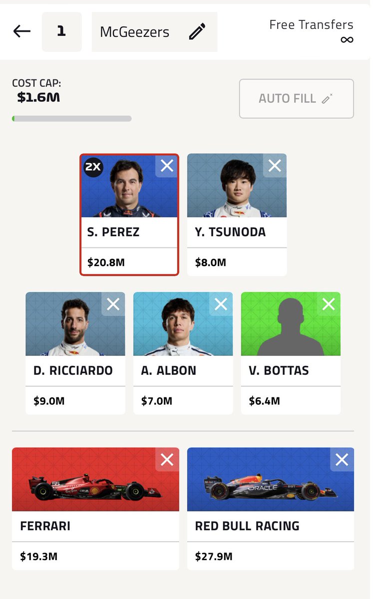 McGeezerF1's tweet photo. Probably about time I posted a draft 😅
Constructors are king - Red Bull locked and Ferrari pose great value 
No Max - is the obvious 2x but atm feel too much has to be sacrificed elsewhere 
RB drivers look like value 
Albon and Bottas uncertain
FP3 will defo change my mind! https://t.co/VifRgvVMsG