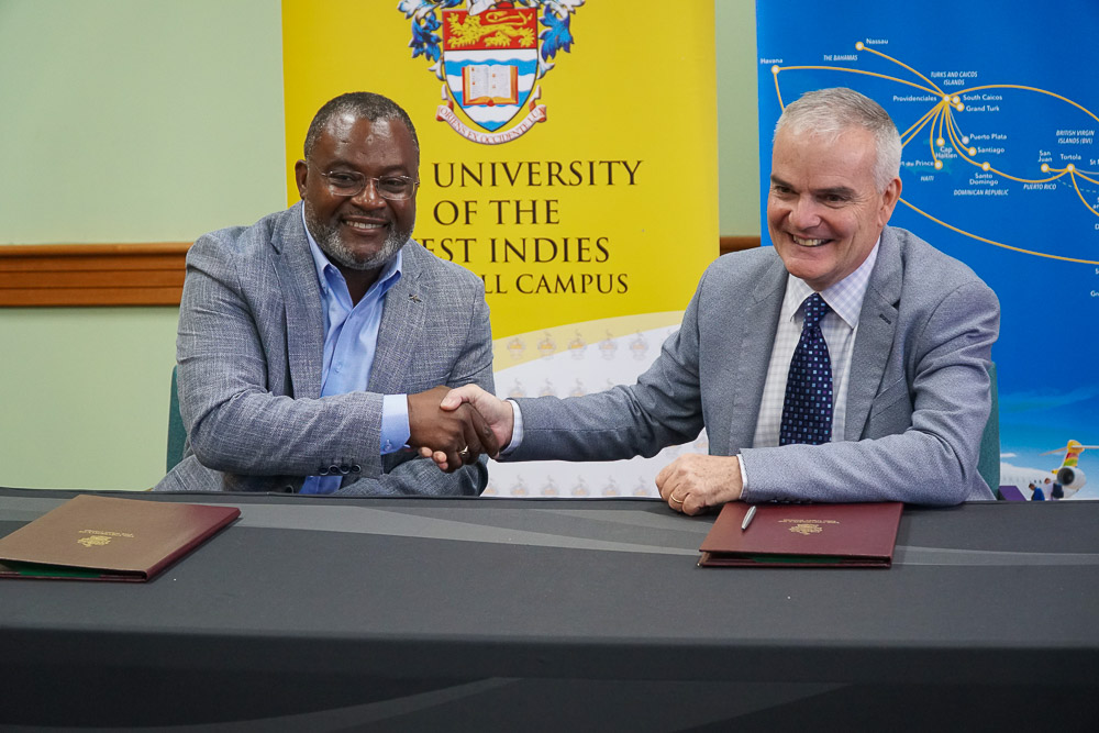 The UWI Cave Hill signed an MOU with interCaribbean Airways on Thursday. As part of the agreement five annual scholarships will be offered in honour of Manville “Donnie” Gardiner, the late brother of chairman of the airline, Lyndon Gardiner.