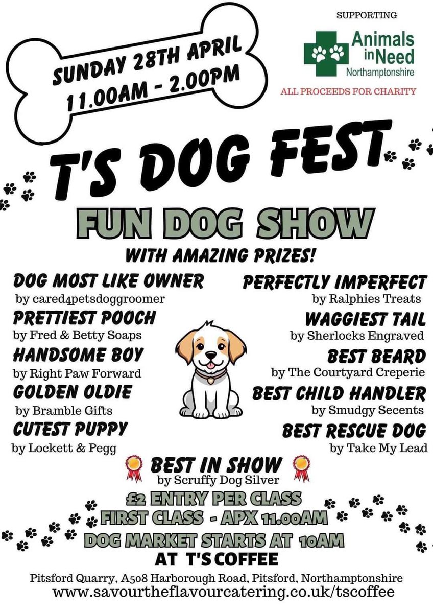 AnimalsInNeedUK's tweet photo. Save the date! 📅 

📌 @tscoffeepitsford 

 ⏰ 11am start 

Fun Dog Show! https://t.co/kRcL2VKq1B