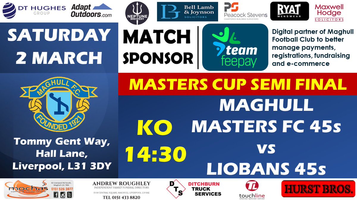Maghull Football Club (@maghullfc) on Twitter photo SATURDAY 🏆
This weekend we host <a href="/LiobiansFC/">Liobians FC</a> in the Masters Cup Semi Final (14:30 KO)
Huge thanks to match sponsor <a href="/teamfeepay/">TeamFeePay</a> - a key digital partner to the club. Making payments, player registration & fundraising easy!
Come down & support the club.
#playaslongasyoucan ⚽️ SATURDAY 🏆
This weekend we host <a href="/LiobiansFC/">Liobians FC</a> in the Masters Cup Semi Final (14:30 KO)
Huge thanks to match sponsor <a href="/teamfeepay/">TeamFeePay</a> - a key digital partner to the club. Making payments, player registration & fundraising easy!
Come down & support the club.
#playaslongasyoucan ⚽️