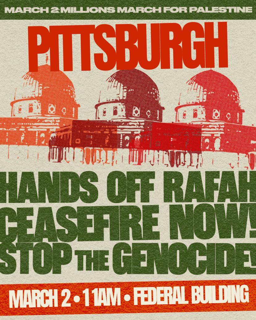 rangolipgh's tweet photo. This Saturday March 2nd, Rangoli Pittsburgh will be joining multiple local organizations marching from the Federal Building as part of a global day of action for Palestine. We ask that those who are able to join us! https://t.co/7KJLiNG5Aj