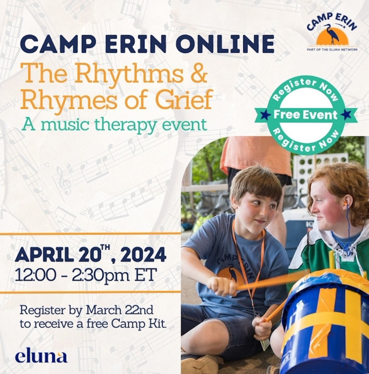 Join us for Camp Erin Online’s first music therapy FREE event!

Families will create personalized drumming instruments, practice the use of rhythm to support mindful breathing, and learn the power of song lyrics in our grief expression.

Register now: elunanetwork.org/camp-erin-onli…