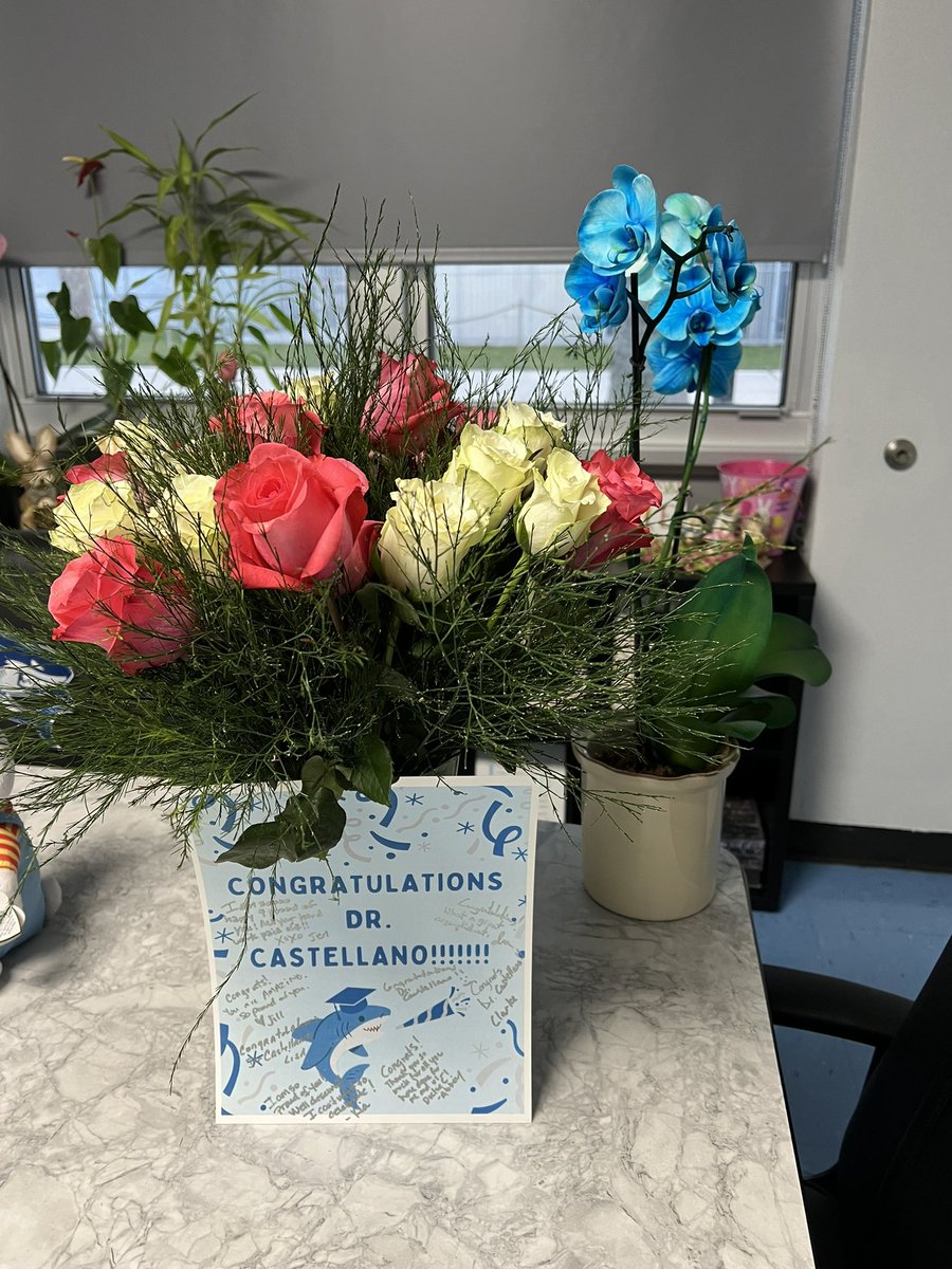 Thx to my @SharksSrhs team for the flowers celebrating the successful final defense of my dissertation! In a few months I’ll be walking across the stage after 3 years of hard work. #Neverstoplearning @RachelCapitano