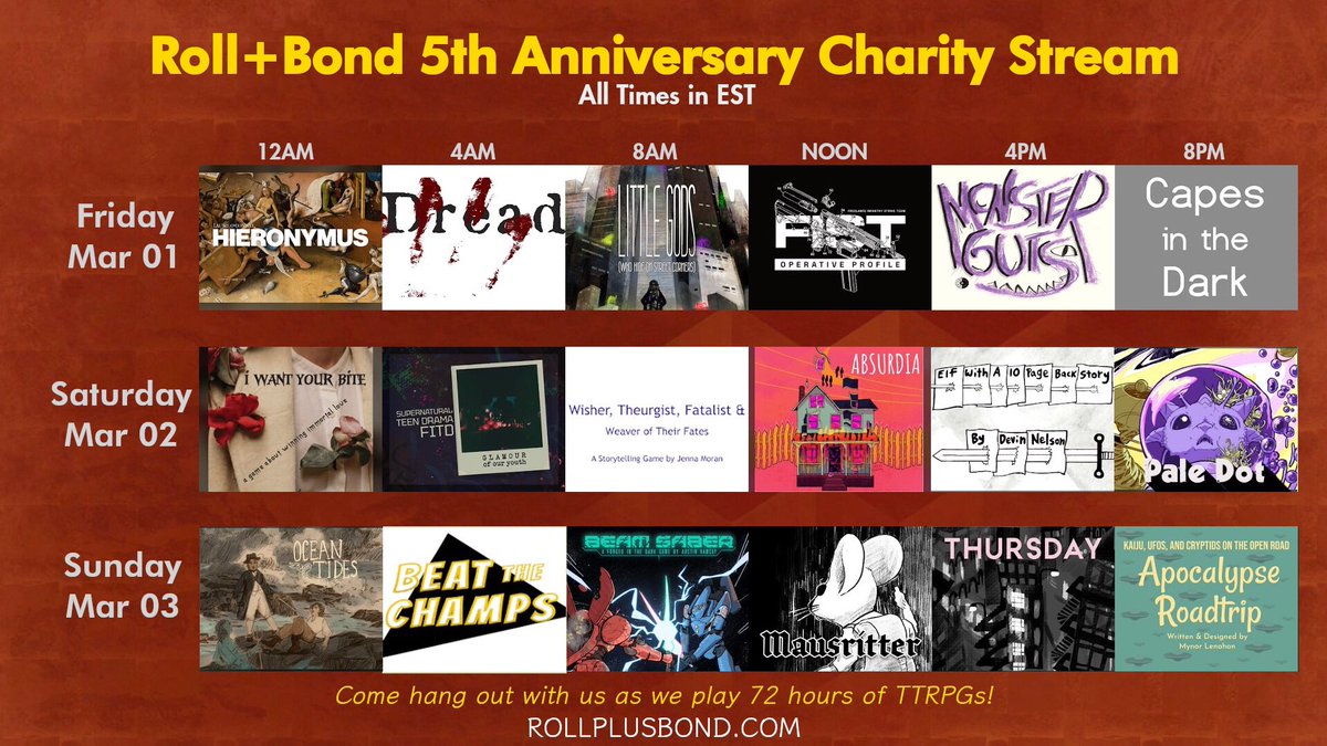 RollPlusBond (@rollplusbond) on Twitter photo it begins TONIGHT!!! our 5th anniversary stream kicks off at midnight EST over at twitch.tv/rollplusbond. get ready for 72 hours of ttrpgs fundraising for <a href="/MedicalAidPal/">Medical Aid for Palestinians</a>! see you there! it begins TONIGHT!!! our 5th anniversary stream kicks off at midnight EST over at twitch.tv/rollplusbond. get ready for 72 hours of ttrpgs fundraising for <a href="/MedicalAidPal/">Medical Aid for Palestinians</a>! see you there!