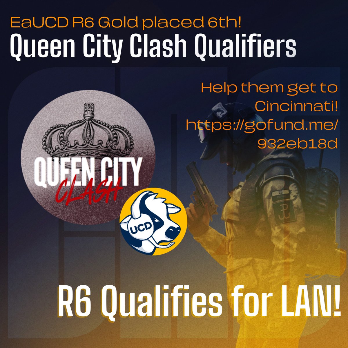 Our R6 Gold Team qualified for LAN in the Queen City Clash! But they need some help from our amazing community to get them to Cincinnati! 

Support them by donating what you can! - gofund.me/932eb18d