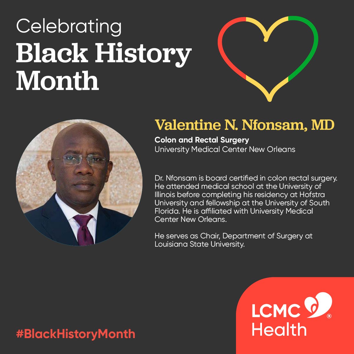LCMC Health (@lcmchealth) on Twitter photo Join us in celebrating Dr. Valentine N. Nfonsam, a brilliant Colon and Rectal Surgeon at <a href="/UMCNO/">University Medical Center New Orleans</a> and Chair for the Department of Surgery at <a href="/LSUHealthNO/">LSU Health Sciences</a>. This #BlackHistoryMonth, let's honor his outstanding achievements. 👏 Join us in celebrating Dr. Valentine N. Nfonsam, a brilliant Colon and Rectal Surgeon at <a href="/UMCNO/">University Medical Center New Orleans</a> and Chair for the Department of Surgery at <a href="/LSUHealthNO/">LSU Health Sciences</a>. This #BlackHistoryMonth, let's honor his outstanding achievements. 👏