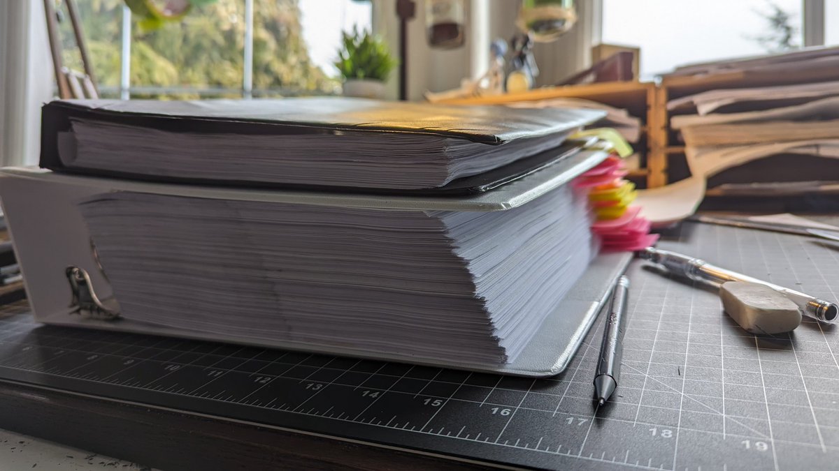 djaxx's tweet photo. I was hired to storyboard an entire feature film. Here are the thumbs and final boards. Binder on top are the thumbs and bottom are the final boards. They gave me six months which is double the amount of time I gave myself to board my own feature. Feels great having more time. https://t.co/lC7libLHQB